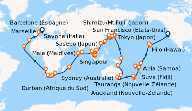 Itinéraire de la croisière États-Unis, Hawaii, Fiji, Tonga, Nouvelle-Zélande, Australie, Japon, Corée du Sud, Taïwan, Chine, Singapour, Malaisie