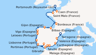 Itinéraire de la croisière Portsmouth (Royaume-Uni), Caen (France), Sain...