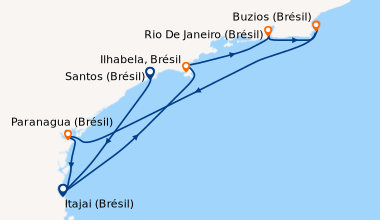 Itinéraire de la croisière Santos (Brésil), Itajai (Brésil), Ilhabela, B...