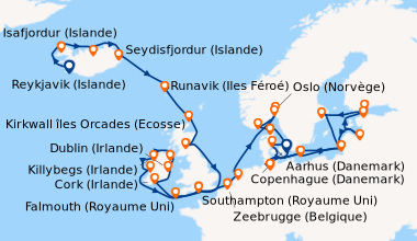 Itinéraire de la croisière Reykjavik (Islande), Isafjordur (Islande), Ak...