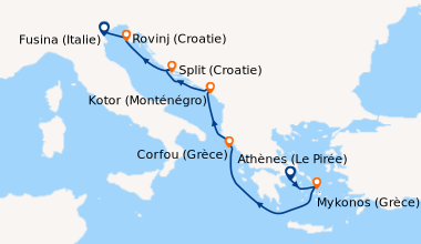 Itinéraire de la croisière Athènes (Le Pirée), Mykonos (Grèce), Mykonos ...