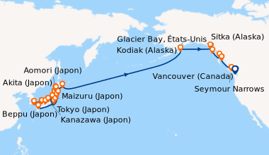 Itinéraire de la croisière Tokyo (Japon), En mer, Beppu (Japon), En mer,...