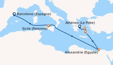 Itinéraire de la croisière Athènes (Le Pirée), Mykonos (Grèce), Santorin...