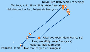 Itinéraire de la croisière Polynésie secrète : Tuamotu inédites, îles Marquises et îles de la Société