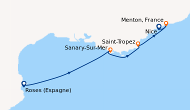 Itinéraire de la croisière Roses (Espagne), Sanary-Sur-Mer, Saint-Tropez...