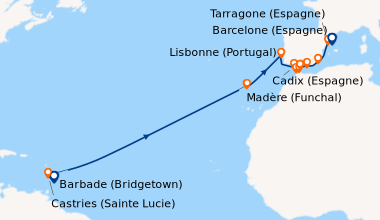 Itinéraire de la croisière Barbade (Bridgetown), Castries (Sainte Lucie)...