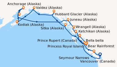 Itinéraire de la croisière Vancouver (Canada), Bella bella, Alaska Insid...