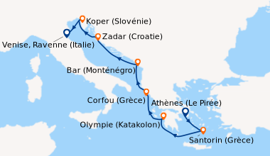 Itinéraire de la croisière Athènes (Le Pirée), Santorin (Grèce), Olympie...