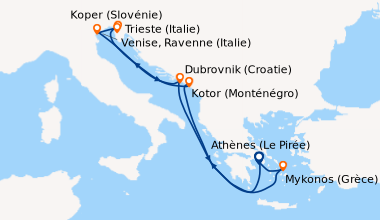 Itinéraire de la croisière Athènes (Le Pirée), En mer, Kotor (Monténégro...