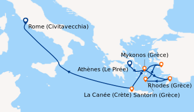 Itinéraire de la croisière Athènes (Le Pirée), Mykonos (Grèce), Rhodes (...