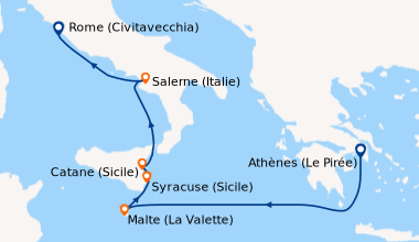 Itinéraire de la croisière Athènes (Le Pirée), En mer, Malte (La Valette...