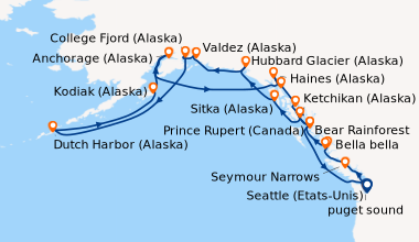 Itinéraire de la croisière Seattle (Etats-Unis), puget sound, Seymour Na...