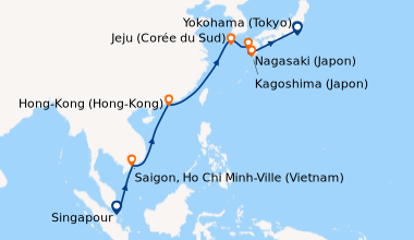 Itinéraire de la croisière Singapour, En mer, En mer, En mer, Hong-Kong ...