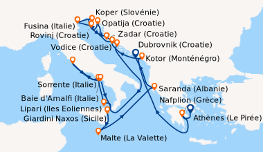 Itinéraire de la croisière Athènes (Le Pirée), Nafplion (Grèce), En mer,...