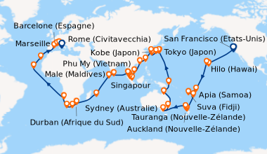 Itinéraire de la croisière États-Unis, Hawaii, Fiji, Tonga, Nouvelle-Zélande, Australie, Japon, Corée du Sud, Taïwan, Chine, Singapour, Malaisie
