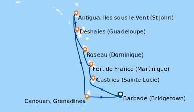 Itinéraire de la croisière Barbade (Bridgetown), Castries (Sainte Lucie)...