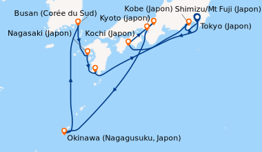 Itinéraire de la croisière Tokyo (Japon), En mer, Kochi (Japon), Osaka (...