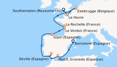 Itinéraire de la croisière Barcelone (Espagne), En mer, Motril, Granada ...