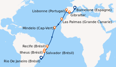 Itinéraire de la croisière Espagne, Gibraltar, Portugal, Canaries, Cap Vert, Brésil
