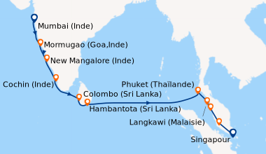 Itinéraire de la croisière Mumbai (Inde), Mormugao (Goa,Inde), New Manga...