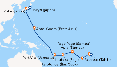 Itinéraire de la croisière Tokyo (Japon), En mer, Kobe (Japon), En mer, ...