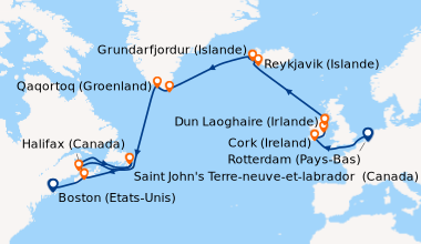 Itinéraire de la croisière Rotterdam (Pays-Bas), En mer, Cork (Ireland),...