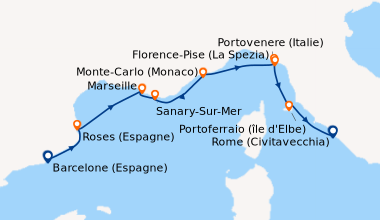 Itinéraire de la croisière Barcelone (Espagne), Roses (Espagne), Marseil...