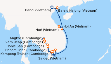 Itinéraire de la croisière Des temples d'Angkor au delta du Mékong, les villes impériales, Hanoï et la Baie d'Along (1R9_PP)