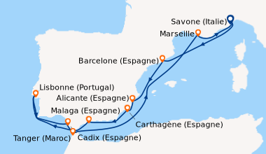 Itinéraire de la croisière Italie, Espagne, Portugal, Maroc, France