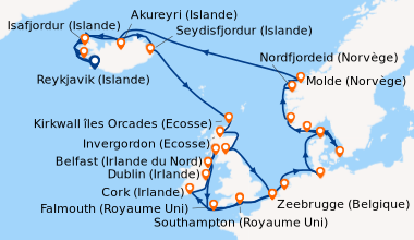 Itinéraire de la croisière Reykjavik (Islande), Isafjordur (Islande), Ak...