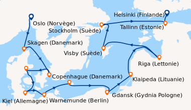 Itinéraire de la croisière Oslo (Norvège), Skagen (Danemark), Copenhague...