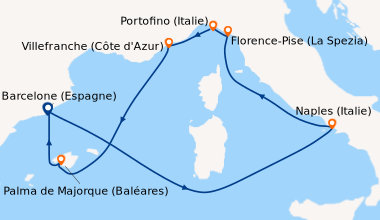 Itinéraire de la croisière Barcelone (Espagne), En mer, Capri (Italie), ...