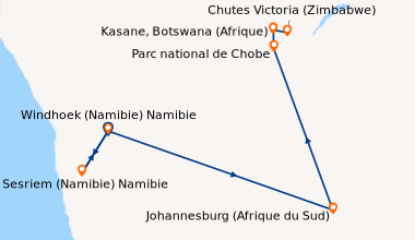 Itinéraire de la croisière Safari-croisière au fil du Zambèze - avec pré-programme 