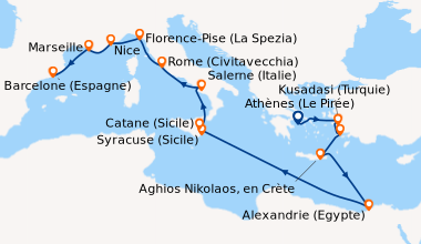 Itinéraire de la croisière Athènes (Le Pirée), Kusadasi (Turquie), Bodru...