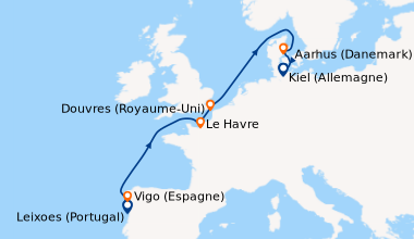 Itinéraire de la croisière Portugal, Espagne, France, Grande-Bretagne, Danemark, Allemagne
