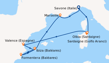 Itinéraire de la croisière Italie, Espagne, Baléares, France