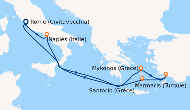 Itinéraire de la croisière Rome (Civitavecchia), En mer, Mykonos (Grèce)...
