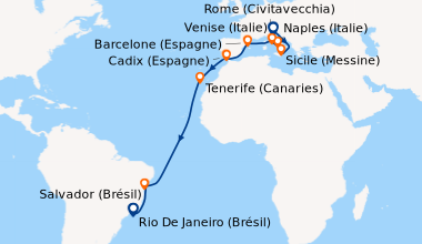 Itinéraire de la croisière Venise (Italie), En mer, Sicile (Messine), Na...