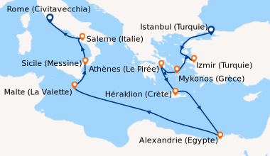 Itinéraire de la croisière Istanbul (Turquie), En mer, Izmir (Turquie), ...