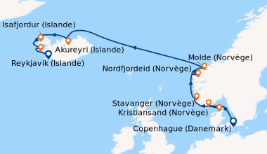 Itinéraire de la croisière Copenhague (Danemark), Kristiansand (Norvège)...