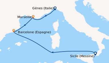 Itinéraire de la croisière Sicile (Messine), En mer, Barcelone (Espagne)...