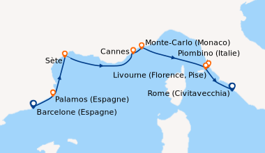 Itinéraire de la croisière Barcelone (Espagne), Palamos (Espagne), Sète,...