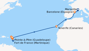 Itinéraire de la croisière Des palmiers des Antilles au soleil de Marseille
