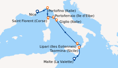 Itinéraire de la croisière Île de Beauté, rivages italiens et Malte