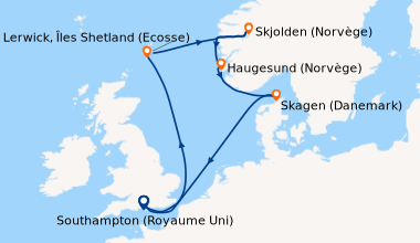 Itinéraire de la croisière Southampton (Royaume Uni) , En mer, Lerwick, ...