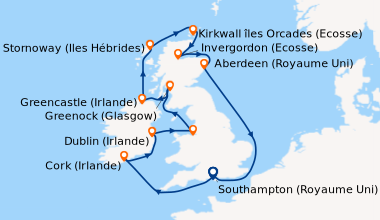 Itinéraire de la croisière Southampton (Royaume Uni), En mer, Cork (Irla...