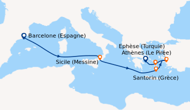 Itinéraire de la croisière Barcelone (Espagne), En mer, Sicile (Messine)...