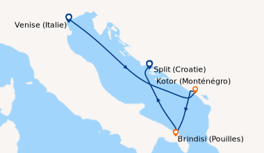 Itinéraire de la croisière Venise (Italie), En mer, Kotor (Monténégro), ...