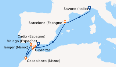 Itinéraire de la croisière Italie, Espagne, Gibraltar, Maroc