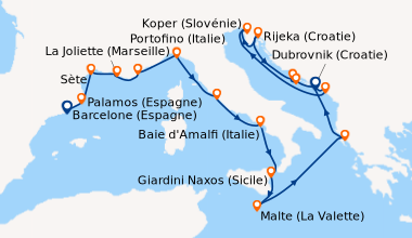 Itinéraire de la croisière Barcelone (Espagne), Palamos (Espagne), Sète,...